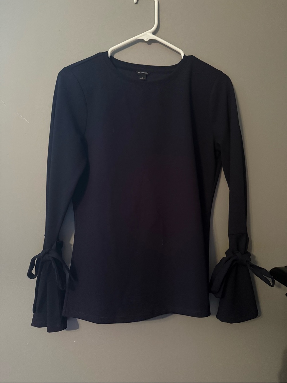 Ann Taylor Black Long Sleeve Top with Tie Sleeve Detail